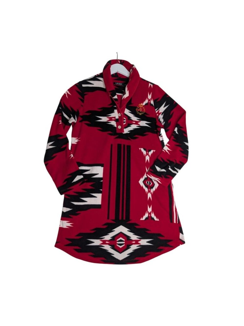 Ralph Lauren Red Aztec Fleece Nightgown Sz M Pockets & Embroidered Crest Logo